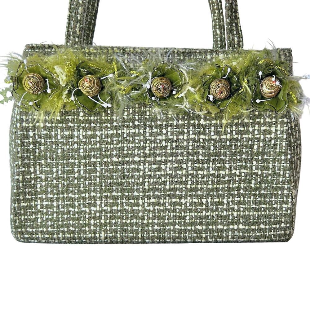 Vintage Y2K Green Preppy Funky Beads Tweed Cottage Girly Handbag Purse - Picture 2 of 11